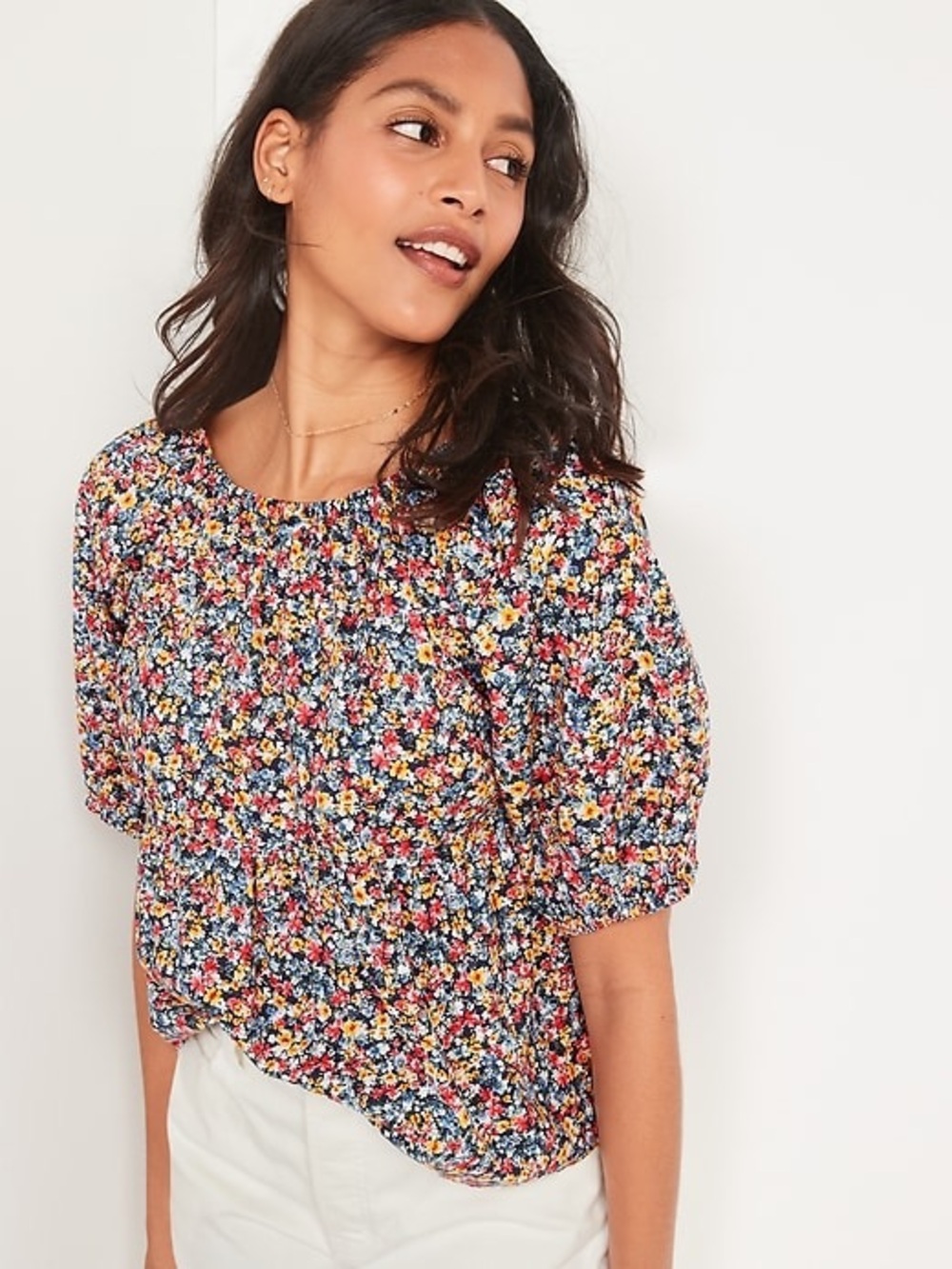 Old Navy Floral Print Puff Sleeve Babydoll Top Blue Multicolor 100% Cotton XL